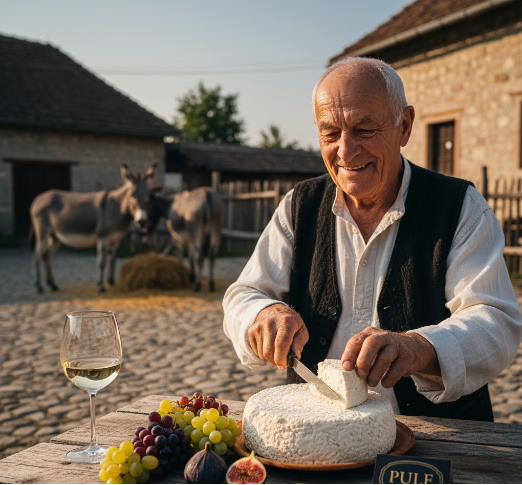 Pule cheese sliced and ready for tasting on a wooden board.